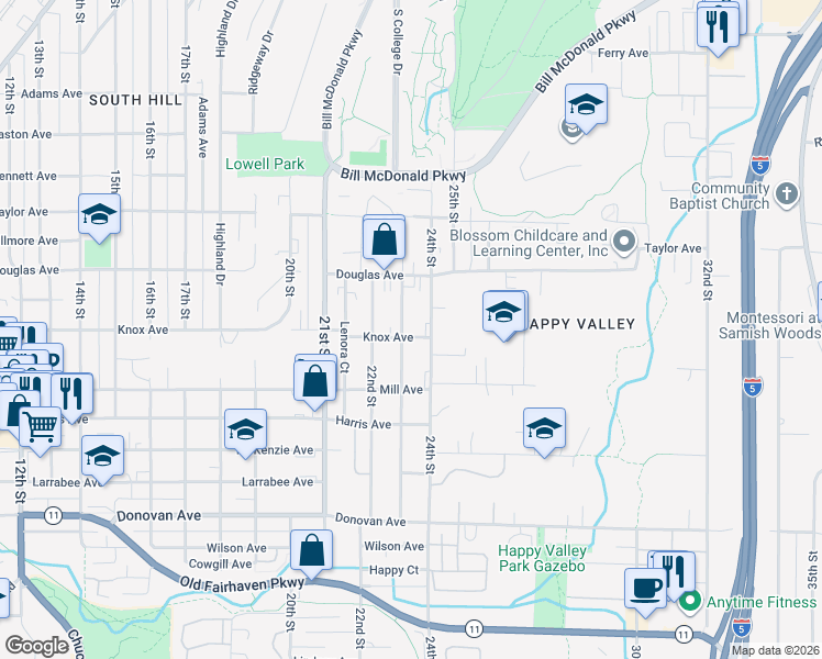 map of restaurants, bars, coffee shops, grocery stores, and more near 1020 23rd Street in Bellingham