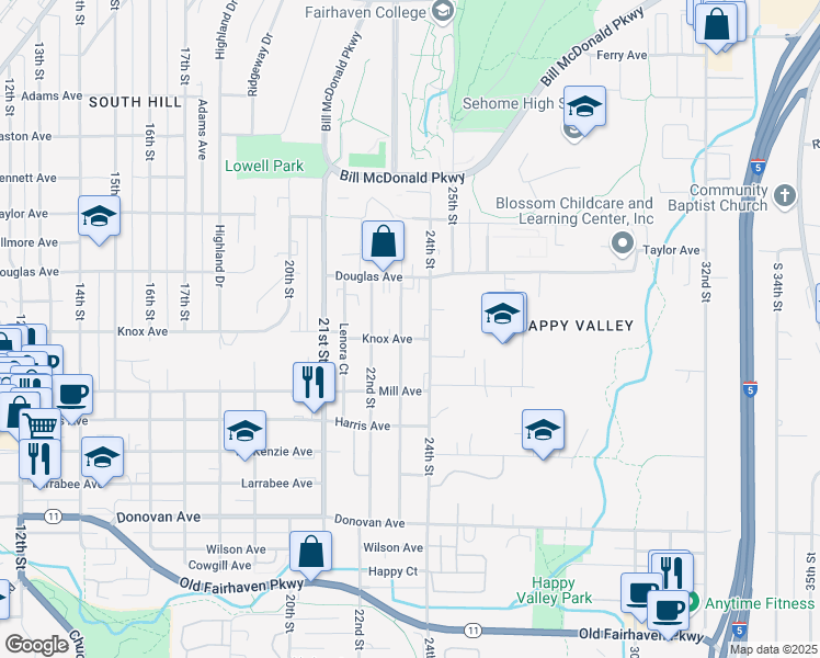 map of restaurants, bars, coffee shops, grocery stores, and more near 1025 23rd Street in Bellingham