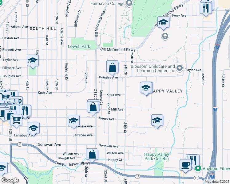 map of restaurants, bars, coffee shops, grocery stores, and more near 1025 23rd Street in Bellingham