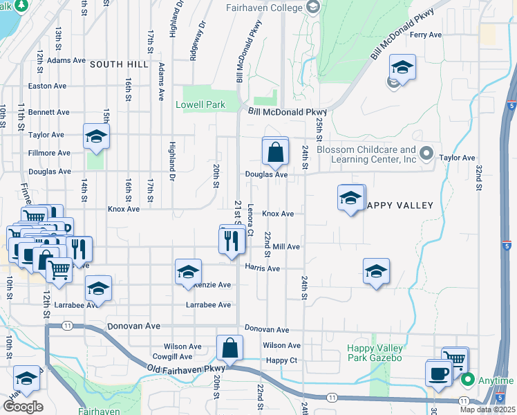 map of restaurants, bars, coffee shops, grocery stores, and more near 1018 23rd Street in Bellingham