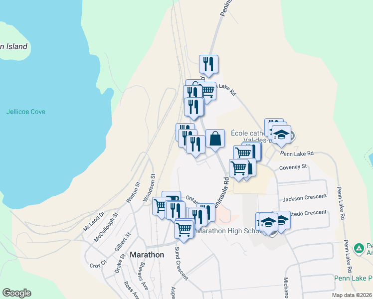 map of restaurants, bars, coffee shops, grocery stores, and more near 90 Evergreen Drive in Marathon