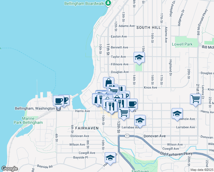 map of restaurants, bars, coffee shops, grocery stores, and more near 1020 11th Street in Bellingham