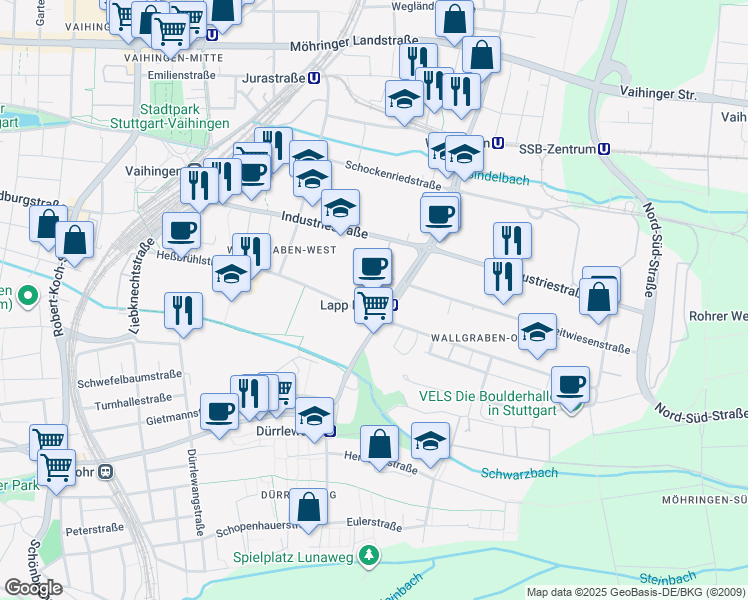 map of restaurants, bars, coffee shops, grocery stores, and more near 142 Am Wallgraben in Stuttgart