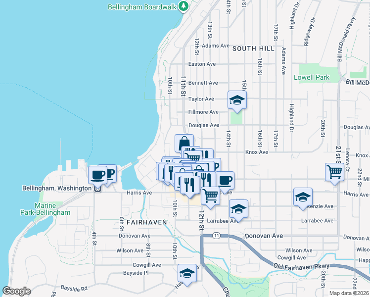 map of restaurants, bars, coffee shops, grocery stores, and more near 1028 11th Street in Bellingham