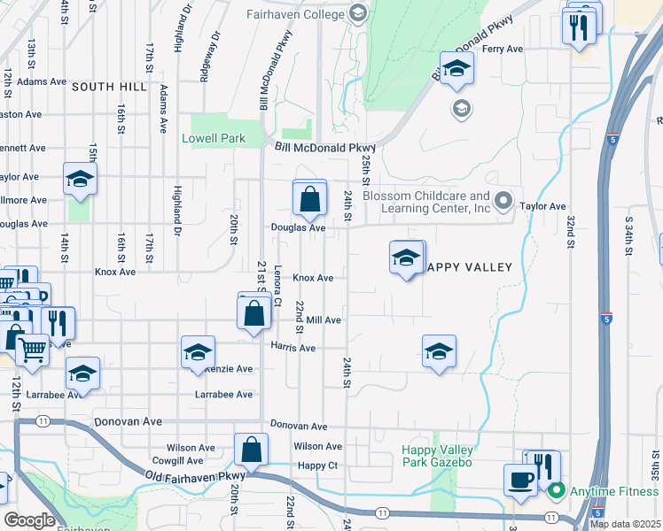 map of restaurants, bars, coffee shops, grocery stores, and more near 1025 23rd Street in Bellingham