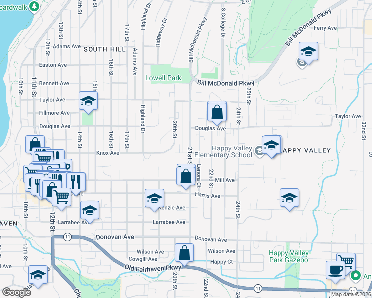 map of restaurants, bars, coffee shops, grocery stores, and more near 1021 21st Street in Bellingham