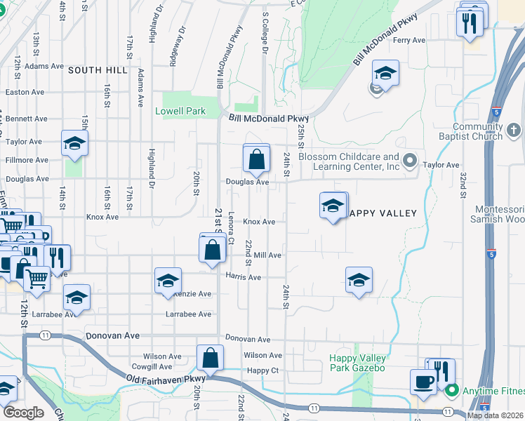 map of restaurants, bars, coffee shops, grocery stores, and more near 1025 23rd Street in Bellingham