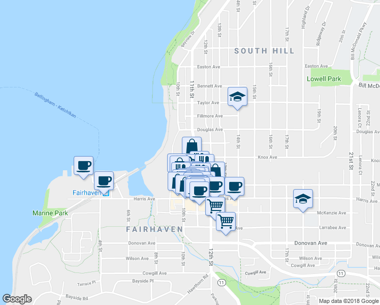 map of restaurants, bars, coffee shops, grocery stores, and more near 1020 11th Street in Bellingham