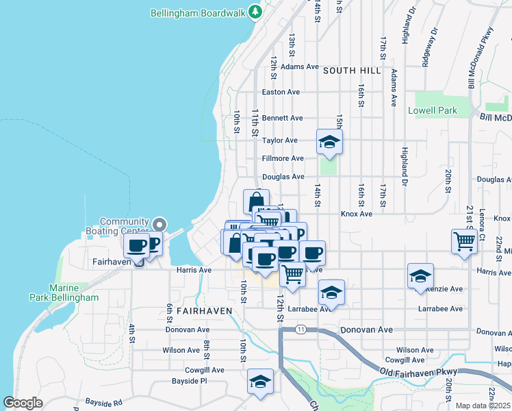 map of restaurants, bars, coffee shops, grocery stores, and more near 1020 11th Street in Bellingham