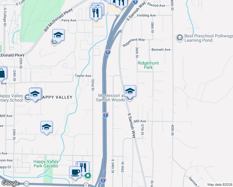 map of restaurants, bars, coffee shops, grocery stores, and more near 1009 South 34th Street in Bellingham