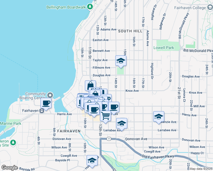 map of restaurants, bars, coffee shops, grocery stores, and more near 1024 13th Street in Bellingham