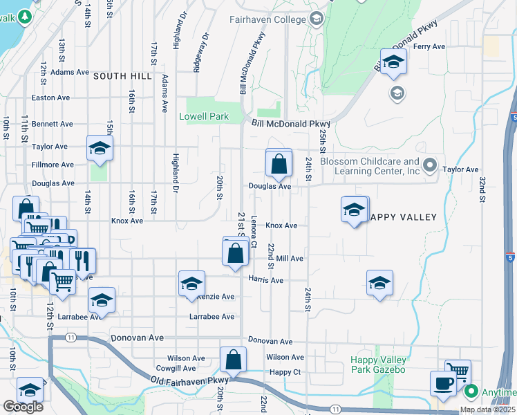 map of restaurants, bars, coffee shops, grocery stores, and more near 1021 21st Street in Bellingham