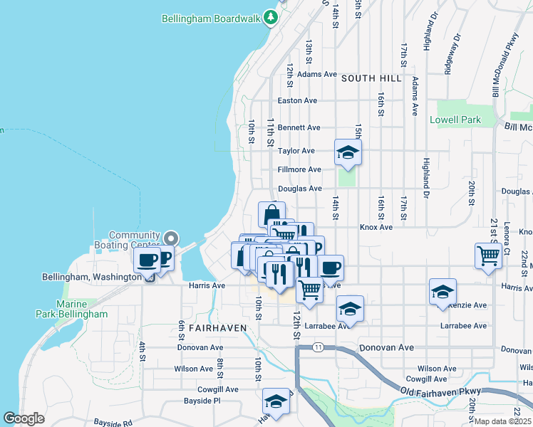 map of restaurants, bars, coffee shops, grocery stores, and more near 1020 11th Street in Bellingham