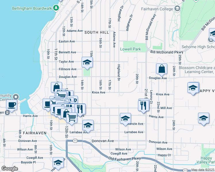 map of restaurants, bars, coffee shops, grocery stores, and more near 1022 17th Street in Bellingham