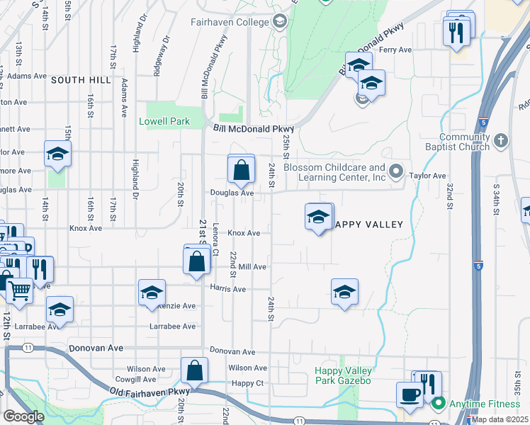 map of restaurants, bars, coffee shops, grocery stores, and more near 1016 24th Street in Bellingham