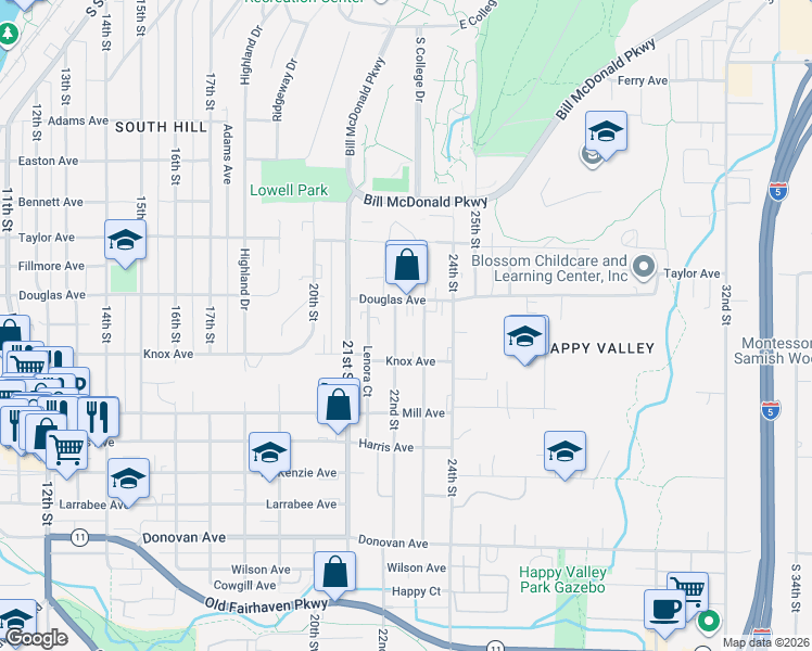 map of restaurants, bars, coffee shops, grocery stores, and more near 1014 23rd Street in Bellingham