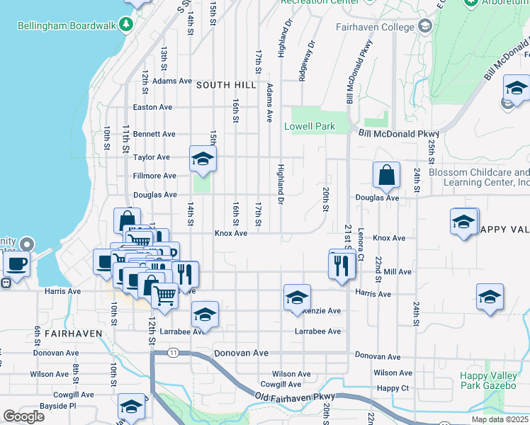 map of restaurants, bars, coffee shops, grocery stores, and more near 1022 17th Street in Bellingham