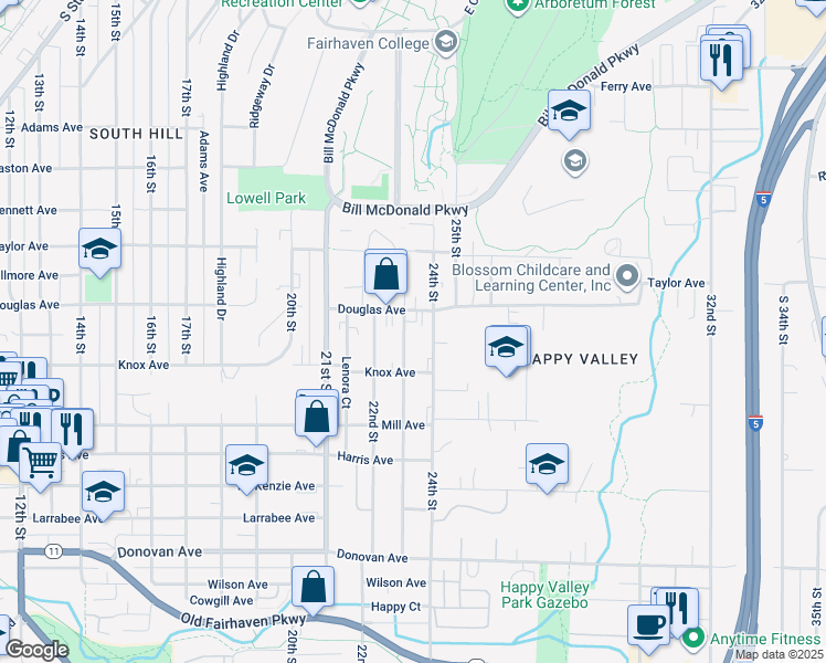 map of restaurants, bars, coffee shops, grocery stores, and more near 1025 23rd Street in Bellingham