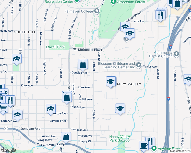 map of restaurants, bars, coffee shops, grocery stores, and more near 1009 24th Street in Bellingham