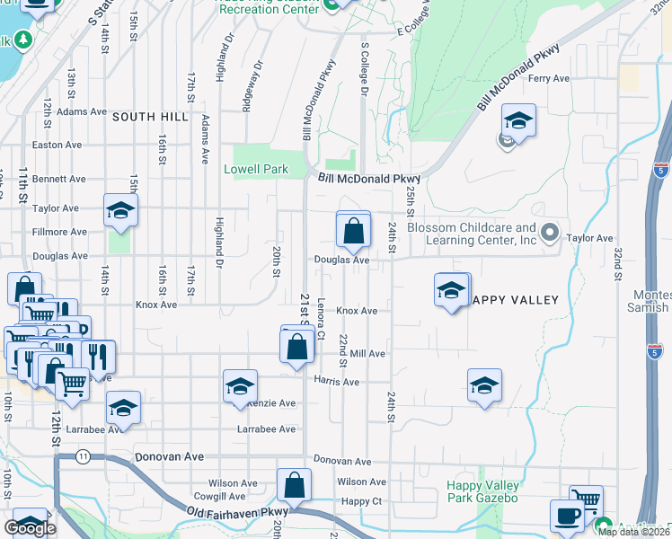 map of restaurants, bars, coffee shops, grocery stores, and more near 1018 23rd Street in Bellingham