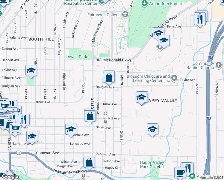 map of restaurants, bars, coffee shops, grocery stores, and more near 2240 Douglas Avenue in Bellingham