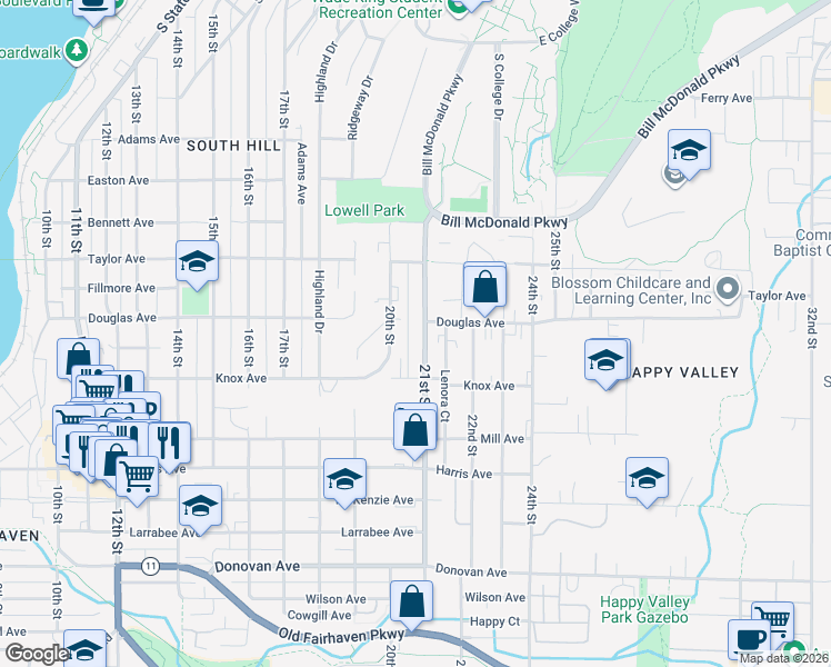 map of restaurants, bars, coffee shops, grocery stores, and more near 1021 21st Street in Bellingham