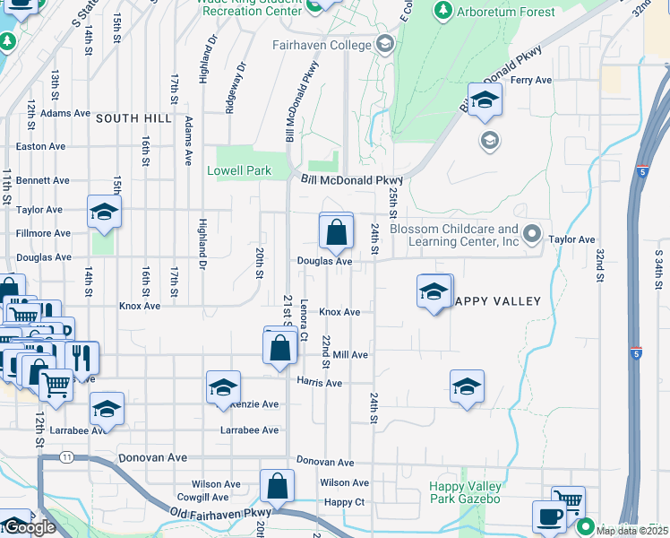 map of restaurants, bars, coffee shops, grocery stores, and more near 1018 23rd Street in Bellingham