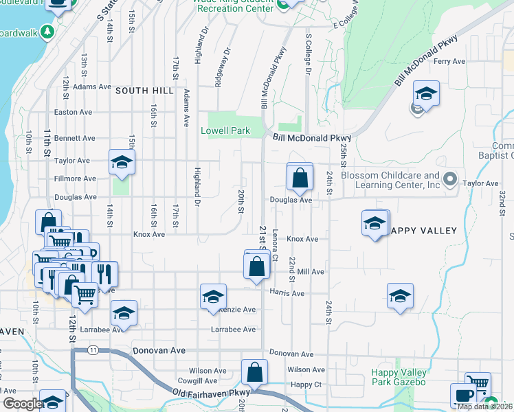 map of restaurants, bars, coffee shops, grocery stores, and more near 1021 21st Street in Bellingham