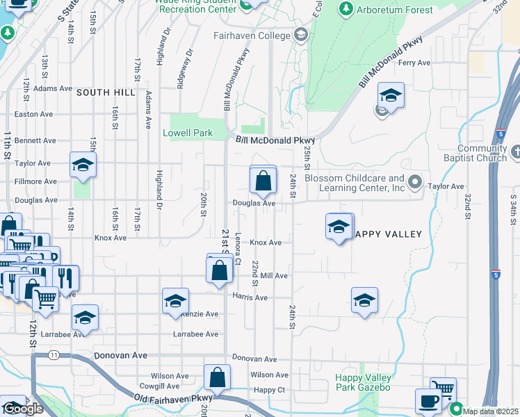 map of restaurants, bars, coffee shops, grocery stores, and more near 1001 22nd Street in Bellingham