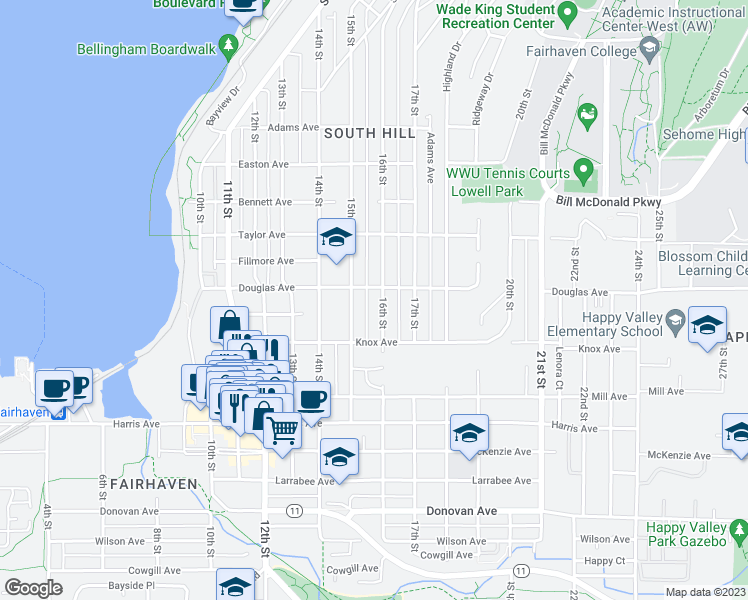 map of restaurants, bars, coffee shops, grocery stores, and more near 1024 16th Street in Bellingham