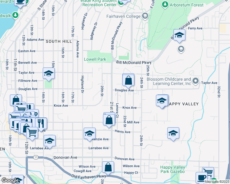 map of restaurants, bars, coffee shops, grocery stores, and more near 1021 21st Street in Bellingham