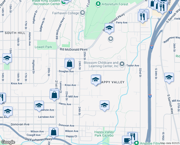 map of restaurants, bars, coffee shops, grocery stores, and more near 2524 Douglas Avenue in Bellingham