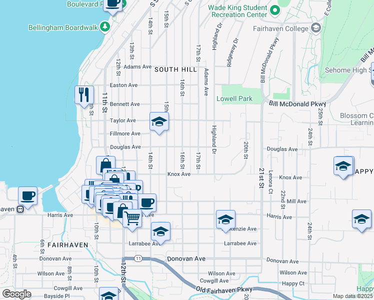 map of restaurants, bars, coffee shops, grocery stores, and more near 926 16th Street in Bellingham