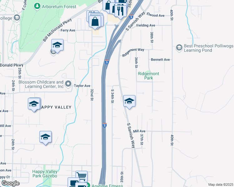 map of restaurants, bars, coffee shops, grocery stores, and more near 3400 Taylor Avenue in Bellingham
