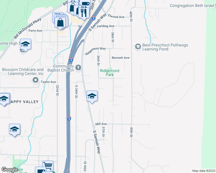 map of restaurants, bars, coffee shops, grocery stores, and more near 917 36th Street in Bellingham