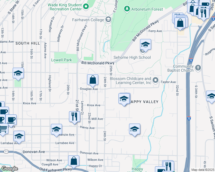 map of restaurants, bars, coffee shops, grocery stores, and more near 931 24th Street in Bellingham