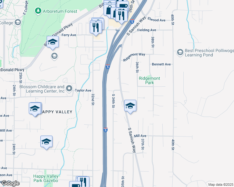 map of restaurants, bars, coffee shops, grocery stores, and more near 3400 Taylor Avenue in Bellingham