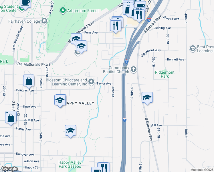 map of restaurants, bars, coffee shops, grocery stores, and more near 905 31st Place in Bellingham