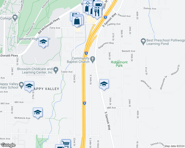 map of restaurants, bars, coffee shops, grocery stores, and more near 3400 Taylor Avenue in Bellingham