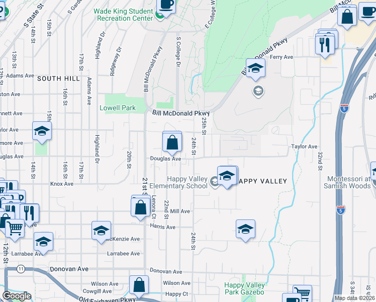 map of restaurants, bars, coffee shops, grocery stores, and more near 2305 Douglas Avenue in Bellingham