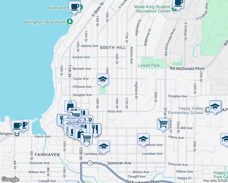 map of restaurants, bars, coffee shops, grocery stores, and more near 926 16th Street in Bellingham
