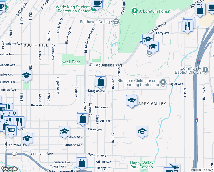 map of restaurants, bars, coffee shops, grocery stores, and more near 2305 Douglas Avenue in Bellingham