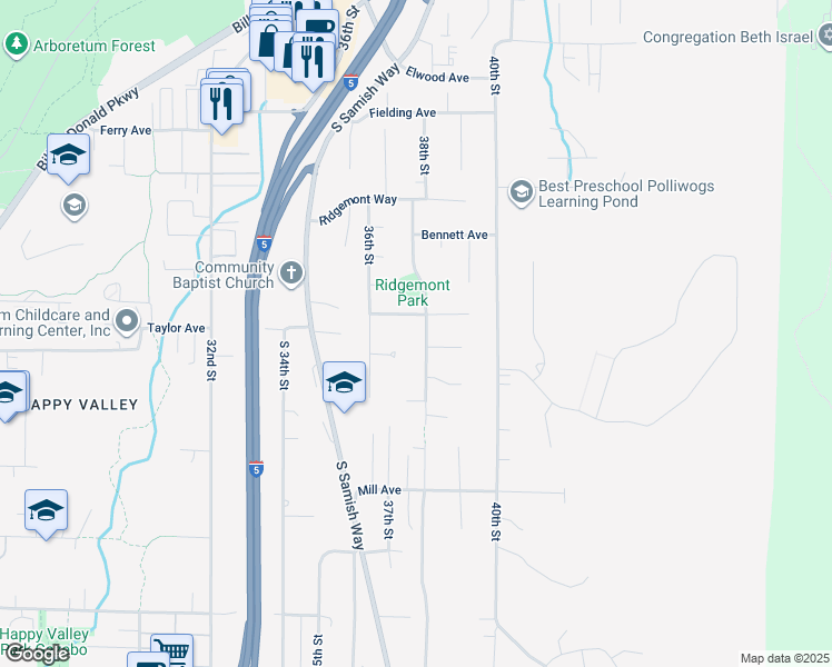 map of restaurants, bars, coffee shops, grocery stores, and more near 906 38th Street in Bellingham