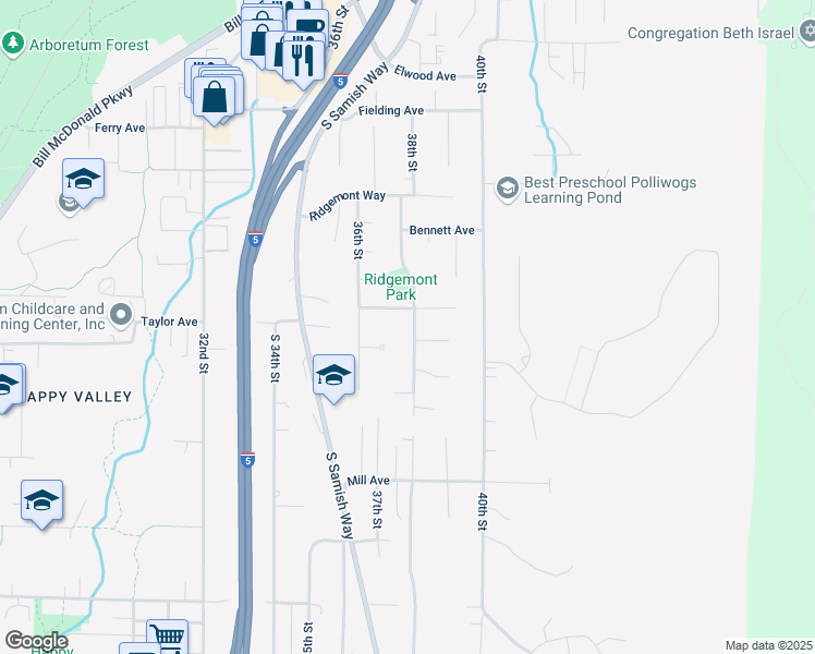 map of restaurants, bars, coffee shops, grocery stores, and more near 906 38th Street in Bellingham