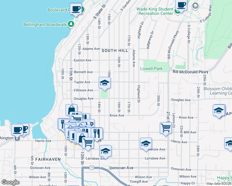 map of restaurants, bars, coffee shops, grocery stores, and more near 926 16th Street in Bellingham