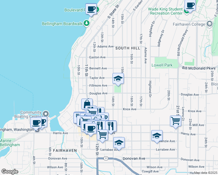 map of restaurants, bars, coffee shops, grocery stores, and more near 1312 Fillmore Avenue in Bellingham