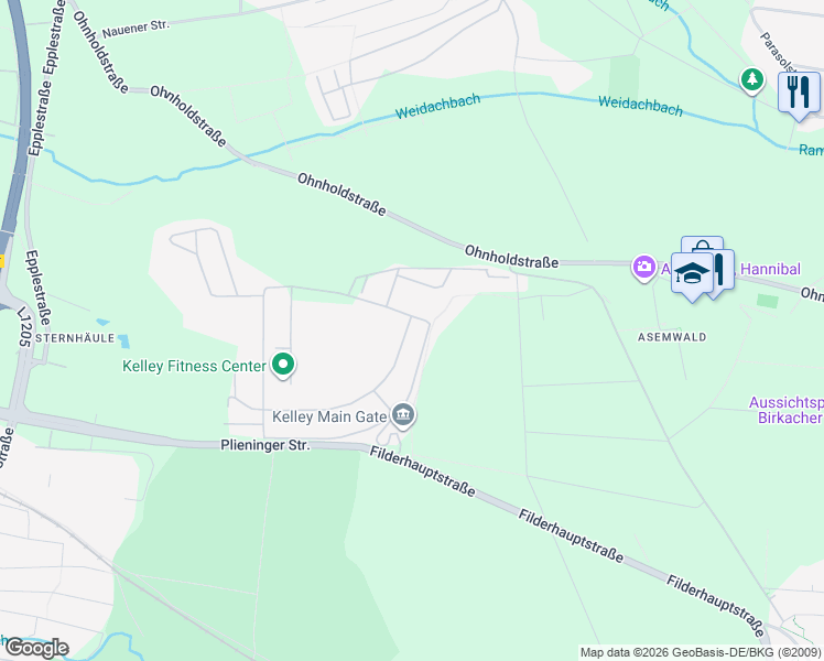map of restaurants, bars, coffee shops, grocery stores, and more near 3316 Kelley Barracks in Stuttgart