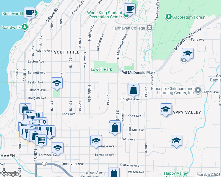 map of restaurants, bars, coffee shops, grocery stores, and more near 921 20th Street in Bellingham