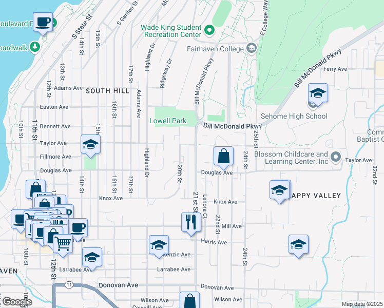 map of restaurants, bars, coffee shops, grocery stores, and more near 921 21st Street in Bellingham