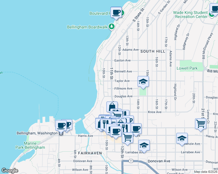 map of restaurants, bars, coffee shops, grocery stores, and more near 919 11th Street in Bellingham